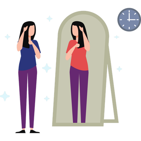 Girl Looking Herself At Mirror  Illustration