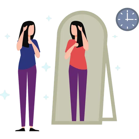 Girl Looking Herself At Mirror  Illustration