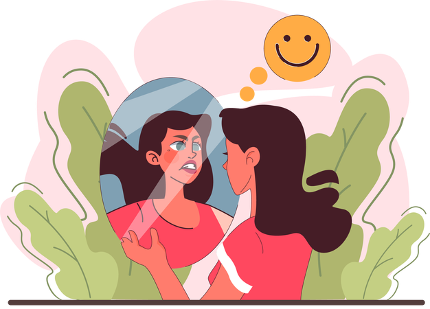 Girl looking in mirror while controlling self emotion  Illustration
