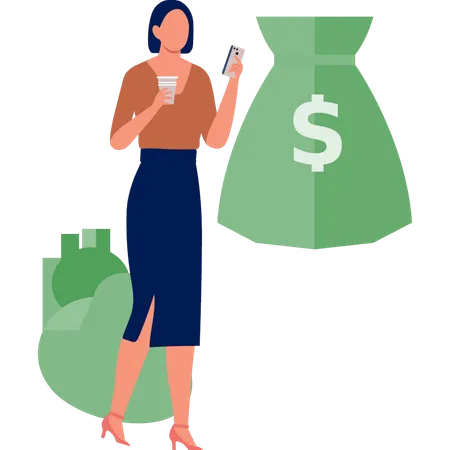 Girl looking in mobile about medical cost  Illustration