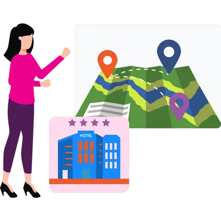 Girl looking location of hotel on map  Illustration