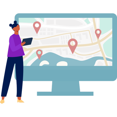 Girl looking location pins on monitor  Illustration