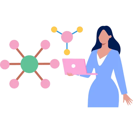 Girl looking molecules on laptop  Illustration