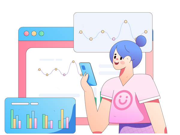 Girl looking online analysis chart using mobile  イラスト