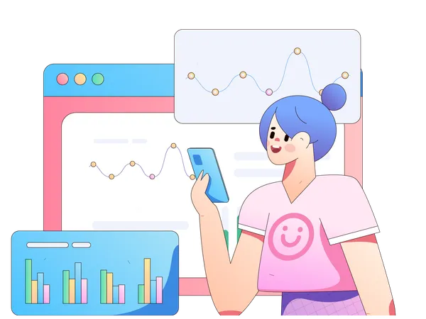 Girl looking online analysis chart using mobile  Illustration
