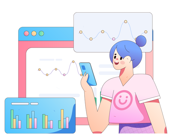 Girl looking online analysis chart using mobile  Illustration