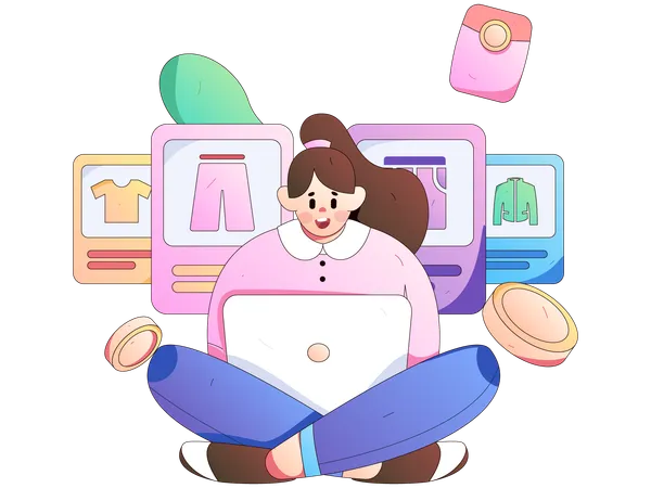 Girl looking online cloth using laptop  Illustration