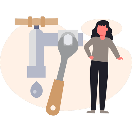 Girl  looking repairing tap  Illustration