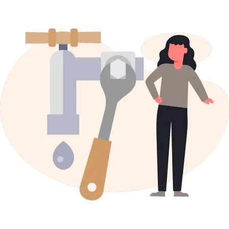 Girl  looking repairing tap  Illustration