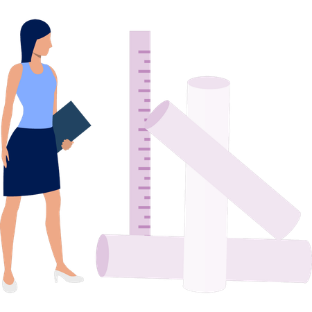 Girl looking ruler and papers  Illustration