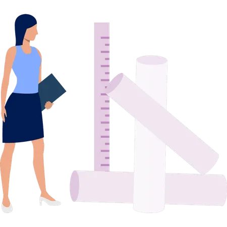 Girl looking ruler and papers  Illustration