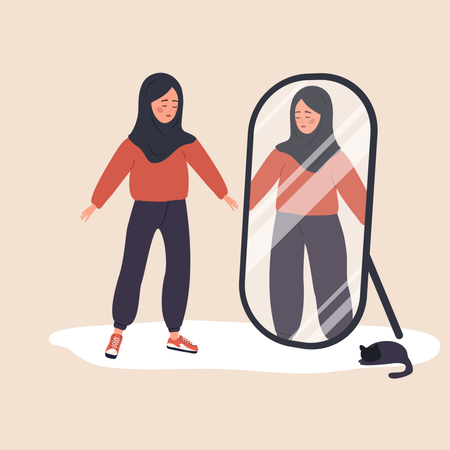 Girl looking self in mirror Illustration
