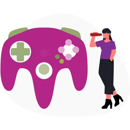 Girl  looking wireless controller  Illustration