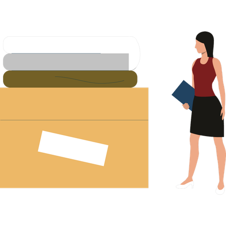Girl looks at a parcel of clothes  Illustration