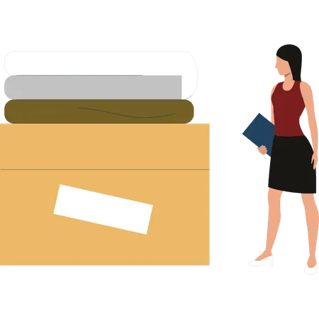 Girl looks at a parcel of clothes  Illustration