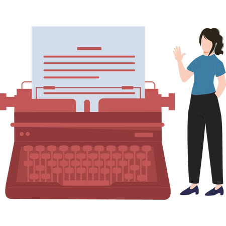 Girl Looks At A Typewriter  Illustration