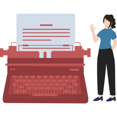 Girl Looks At A Typewriter  Illustration