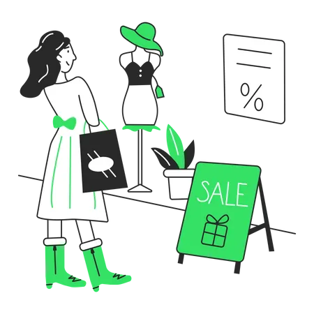 Girl looks at the shop sale  Illustration