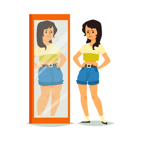 Girl looks in mirror without self love Illustration