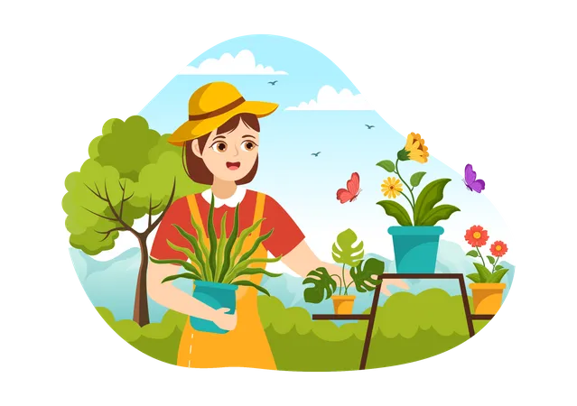 Gardener Illustration With Garden Tools Farming Grows Vegetables In Botanical Summer Gardening Flat Cartoon Hand Drawn For Landing Page Templates Illustration