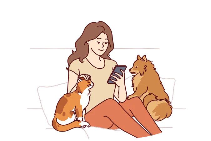 Woman Owner Of Dog And Cat Sits On Couch And Plays On Phone Enjoying Spending Time With Pets Girl Strokes Pets In Need Of Affection And Attention To Advertise Shelter Of Domestic Animals 일러스트레이션