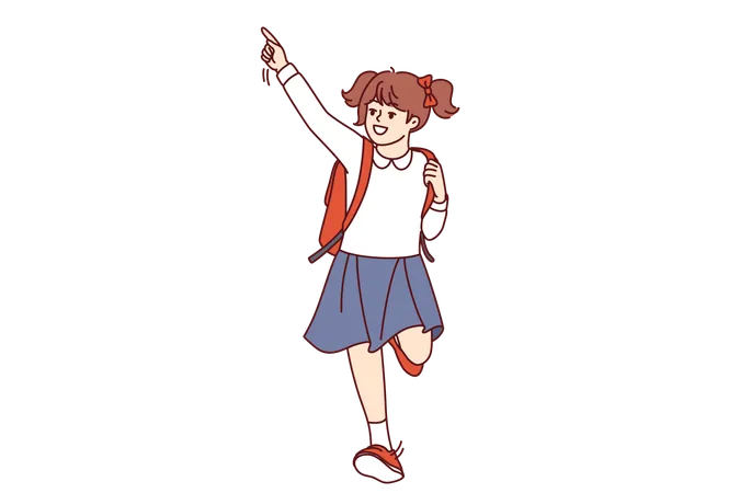 Little Girl Runs To School With Backpack Joyfully Raises Hand Seeing Classmates Happy Schoolgirl Hurries To School For Beginning Of Lesson So As Not To Upset Teacher And Get Positive Grades Illustration