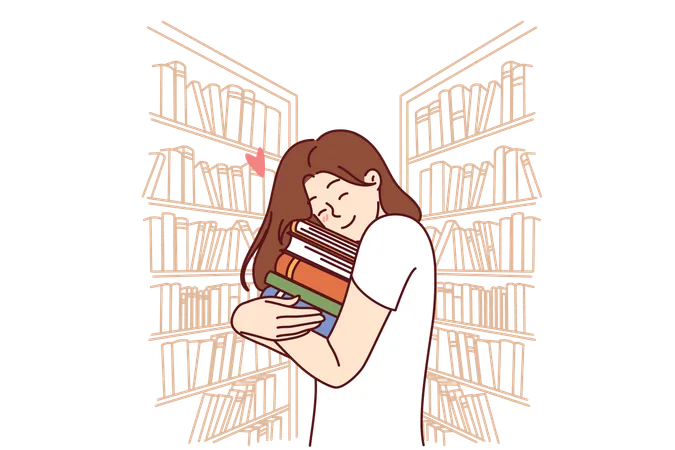 Girl Hugs Stack Of Books Standing In Library Or Bookstore And Rejoicing At Opportunity To Read Lot Female Student Bookworm Holding Books And Experiencing Happiness Anticipating Reading Illustration