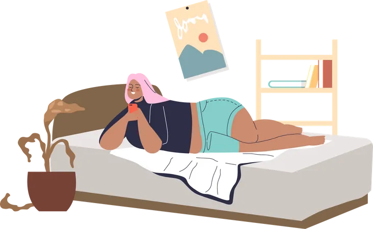 Girl lying in bed with chatting on phone  Illustration