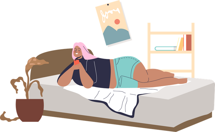 Girl lying in bed with chatting on phone  Illustration