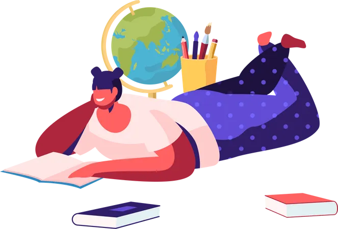 Girl Lying on Floor Reading Book with School Stationery Illustration