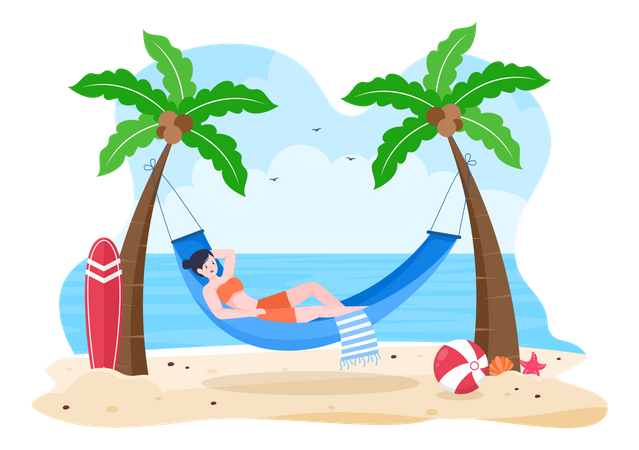 Girl lying on hammock and enjoying beach  Illustration