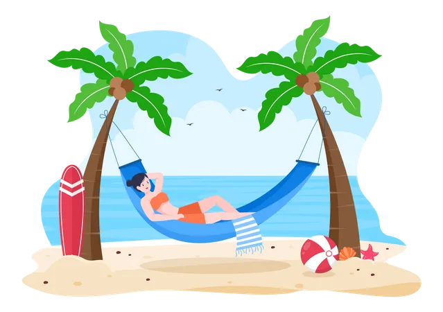 Girl lying on hammock and enjoying beach  Illustration