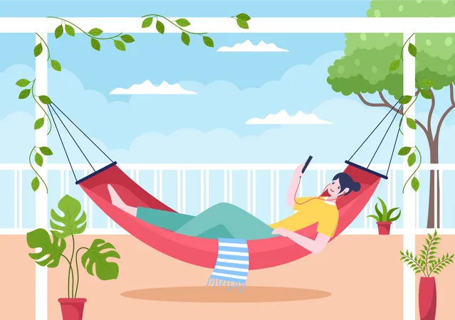 Girl lying on hammock at house balcony  Illustration