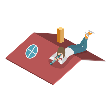 Girl lying on roof and spying on people  Illustration