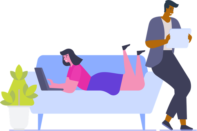 Girl lying on sofa while doing work on laptop  Illustration