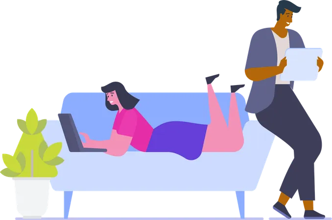 Girl lying on sofa while doing work on laptop  Illustration