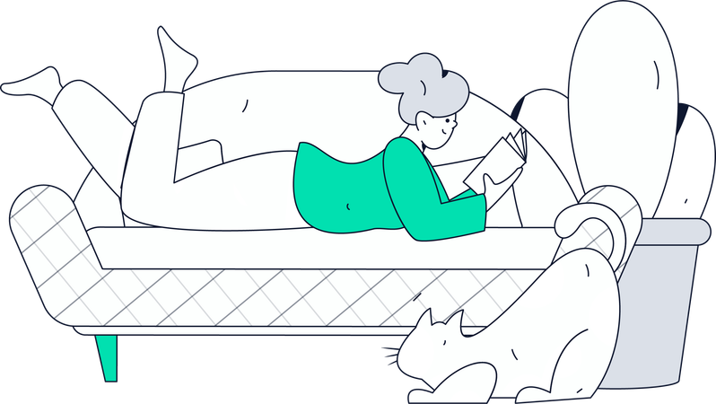 Girl lying on sofa while reading book  Illustration