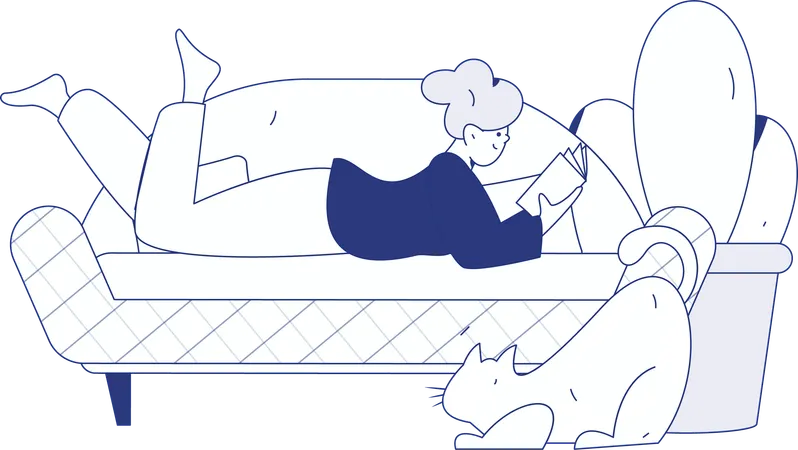 Girl lying on sofa while reading book  Illustration