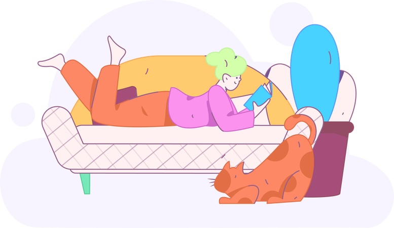 Girl lying on sofa while reading book  Illustration