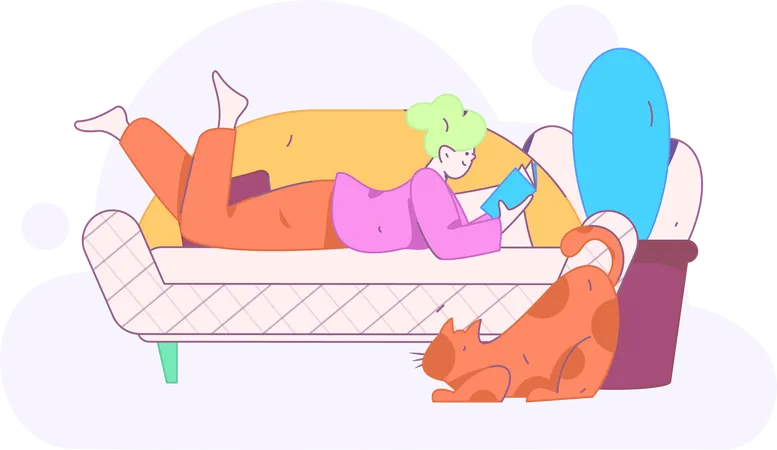 Girl lying on sofa while reading book  Illustration