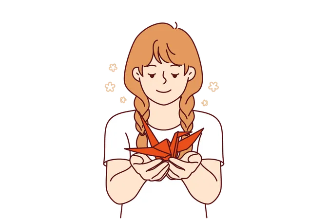 Little Girl Holds Origami Swan In Hands Made Together With School Teacher At Lesson In Creative Skills Happy Teenage Child Is Addicted To Origami And Shows Fake Symbolizing Peace And Prosperity Illustration