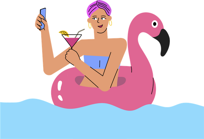 Girl makes selfie with cocktail in swimming pool  Illustration