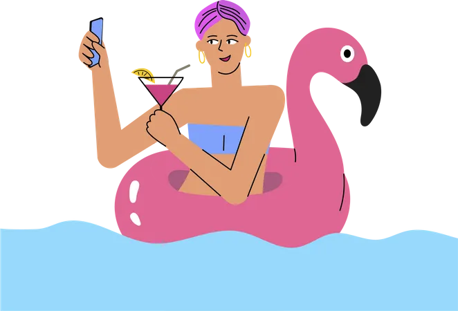 Flat Hand Drawn Woman Is Enjoying Vacation Floating On Inflatable Flamingo Ring And Streaming Online Illustration