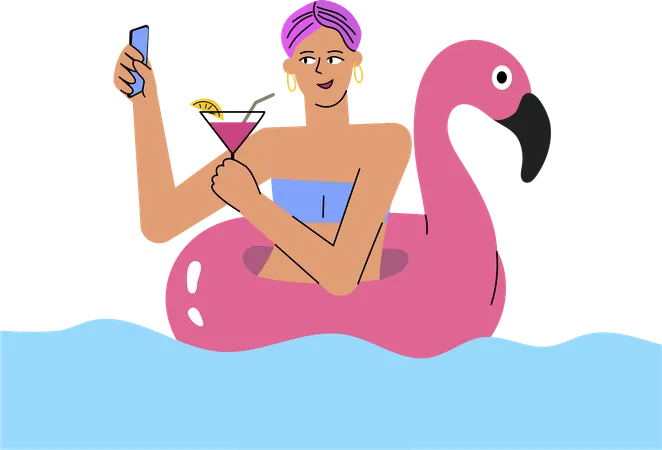 Girl makes selfie with cocktail in swimming pool  Illustration