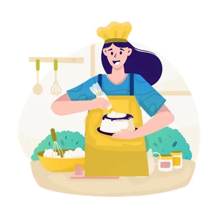 A Woman Having Fun In Baking Or Making Cake Process Illustration