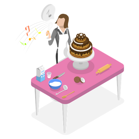 Girl making cake and signing song  イラスト