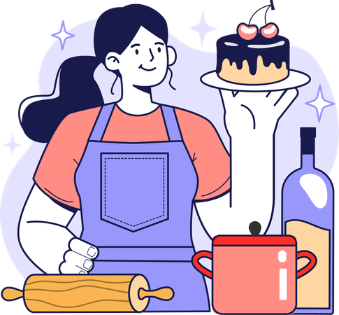 Girl making cake at home  イラスト