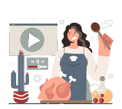 Girl making chicken leg  with watching video  Illustration
