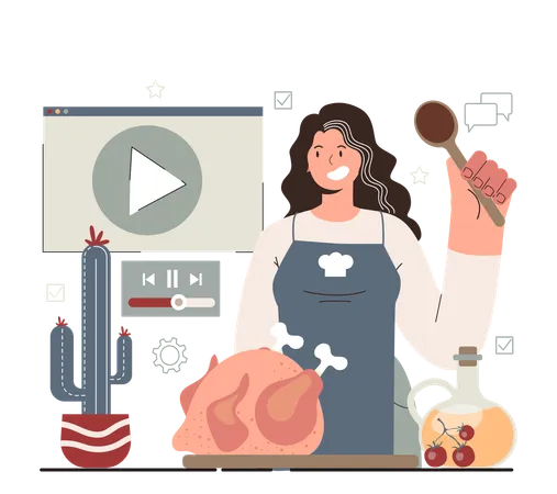 Girl making chicken leg  with watching video  Illustration