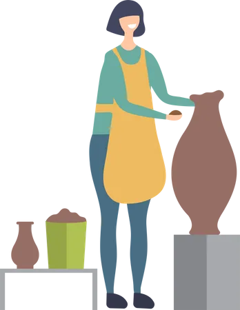 Girl making clay pots and pottery Illustration